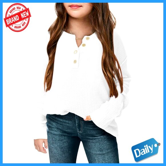 Girls Waffle Knit Henley Button Pullover Sweater Long Sleeve Loose Fit
